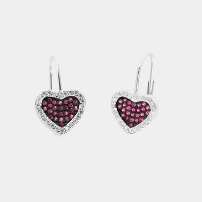 Orecchini in Argento 925 a cuore, pavè di zirconi rubino su base brunita e zirconi bianchi sul perimetro, ad aggancio