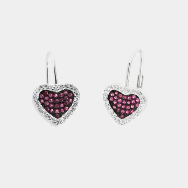 Orecchini in Argento 925 a cuore, pavè di zirconi rubino su base brunita e zirconi bianchi sul perimetro, ad aggancio