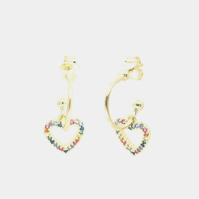 Orecchini in Argento 925 cerchietto con cuore pendente forato, impreziosito da zirconi multicolore