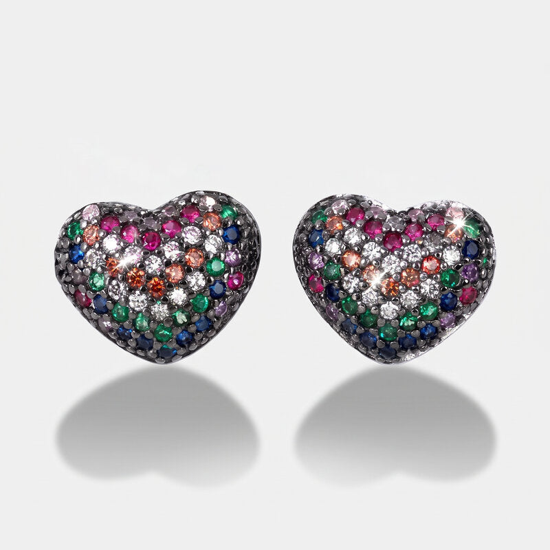 Orecchini in Argento 925 cuori a lobo pave di zirconi multicolore su base brunita Collezione Barcellona - BYSIMON gioielli