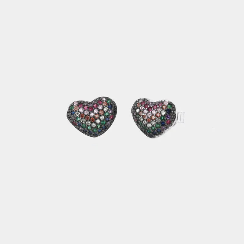 Orecchini in Argento 925 cuori a lobo pave di zirconi multicolore su base brunita Collezione Barcellona - BYSIMON gioielli