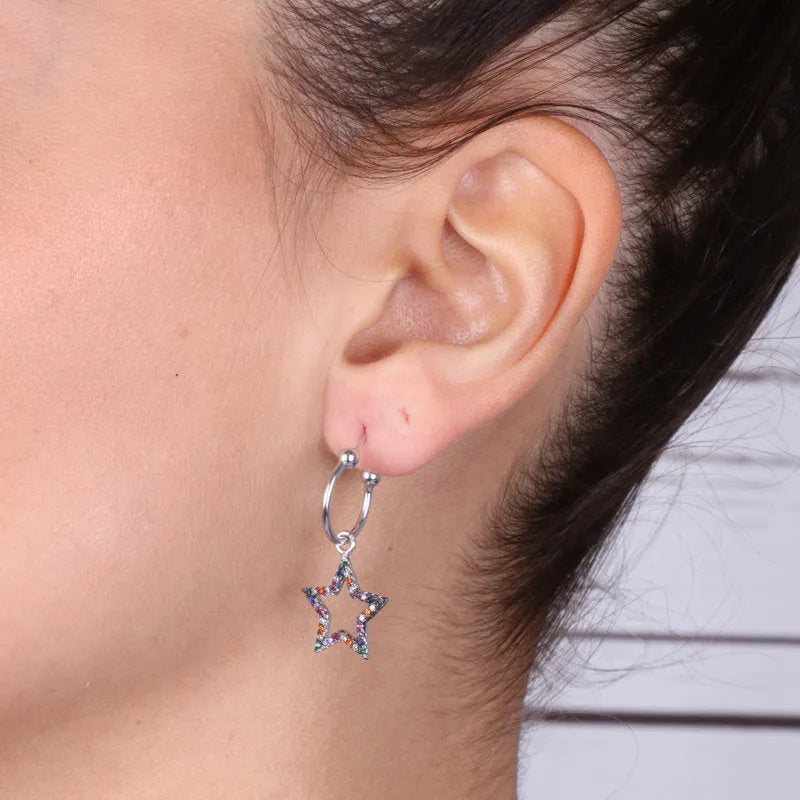 925 Silver hoop earrings with a hollow star pendant, embellished with multicolor zircons on a burnished base