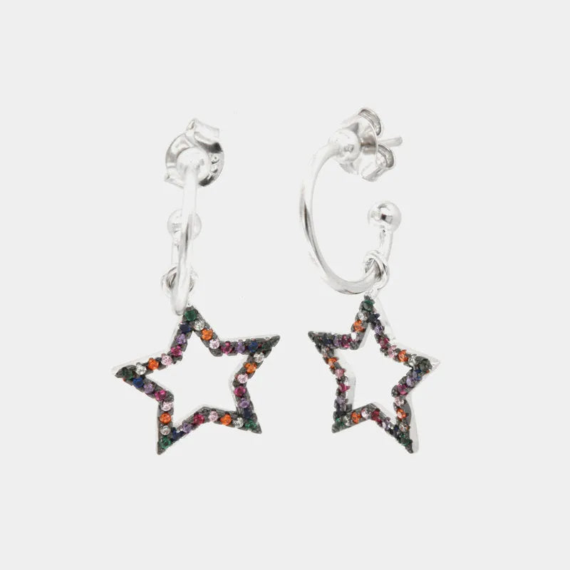 925 Silver hoop earrings with a hollow star pendant, embellished with multicolor zircons on a burnished base