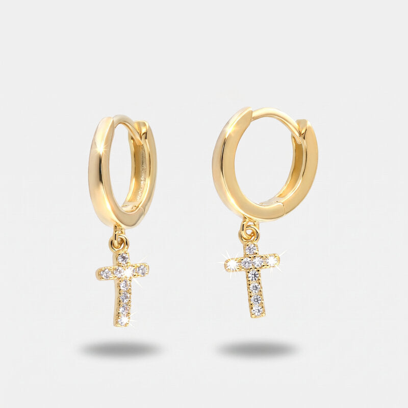 Orecchini in Argento 925 cerchietto con croce pendente impreziosita da zirconi bianchi - BYSIMON gioielli