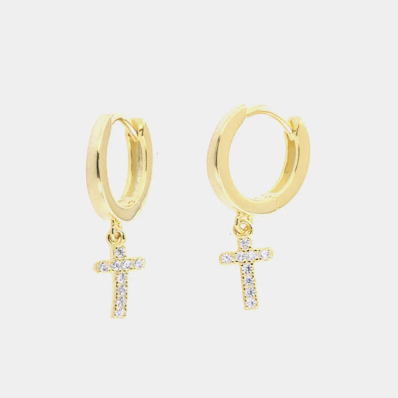 Orecchini in Argento 925 cerchietto con croce pendente impreziosita da zirconi bianchi - BYSIMON gioielli