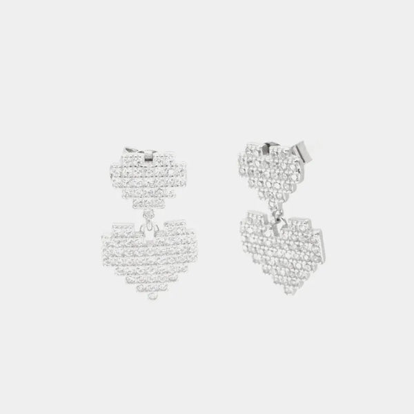 925 Sterling Silver double heart dangle earrings covered with white zircons