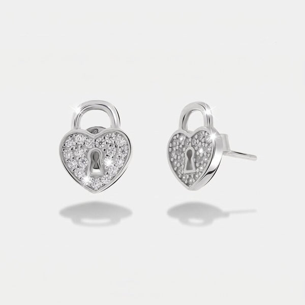 Orecchini in Argento 925 con lucchetto a forma di cuore impreziosito da zirconi bianchi Collezione Barcellona - BYSIMON gioielli