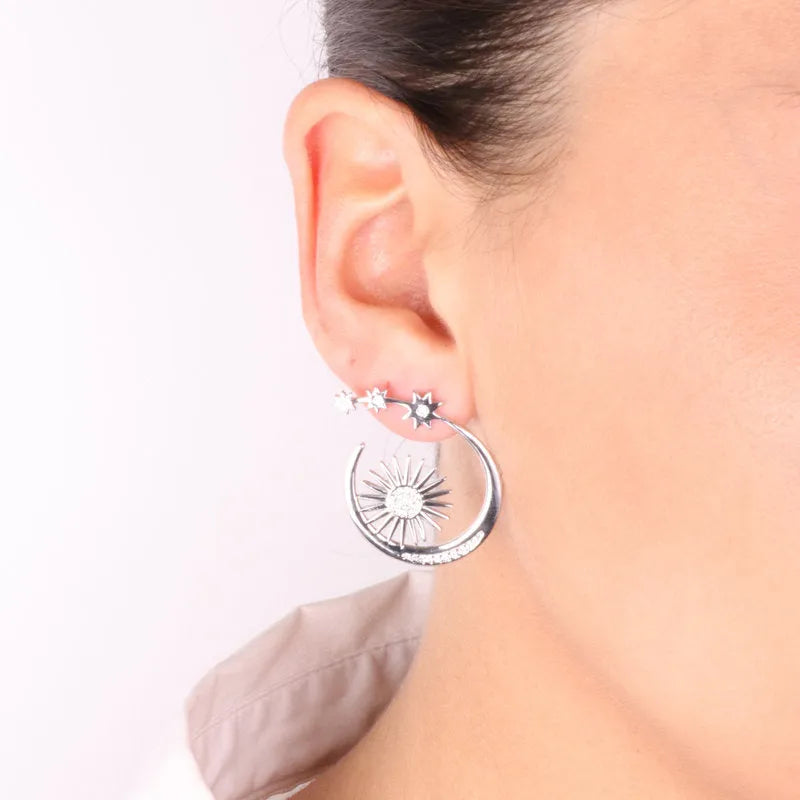 925 Sterling Silver rhodium-plated sun and moon earrings embellished with zircons