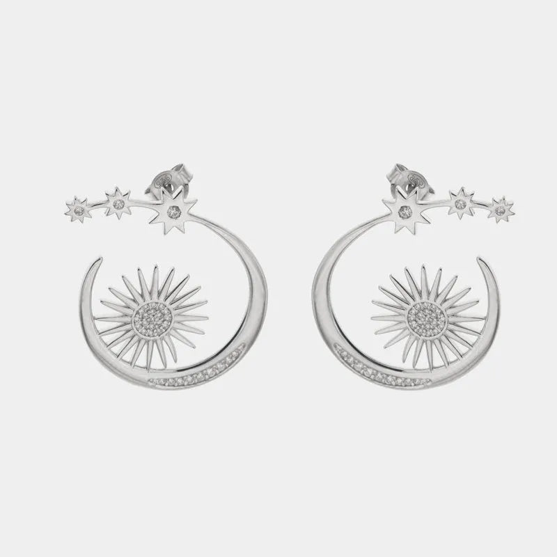 925 Sterling Silver rhodium-plated sun and moon earrings embellished with zircons