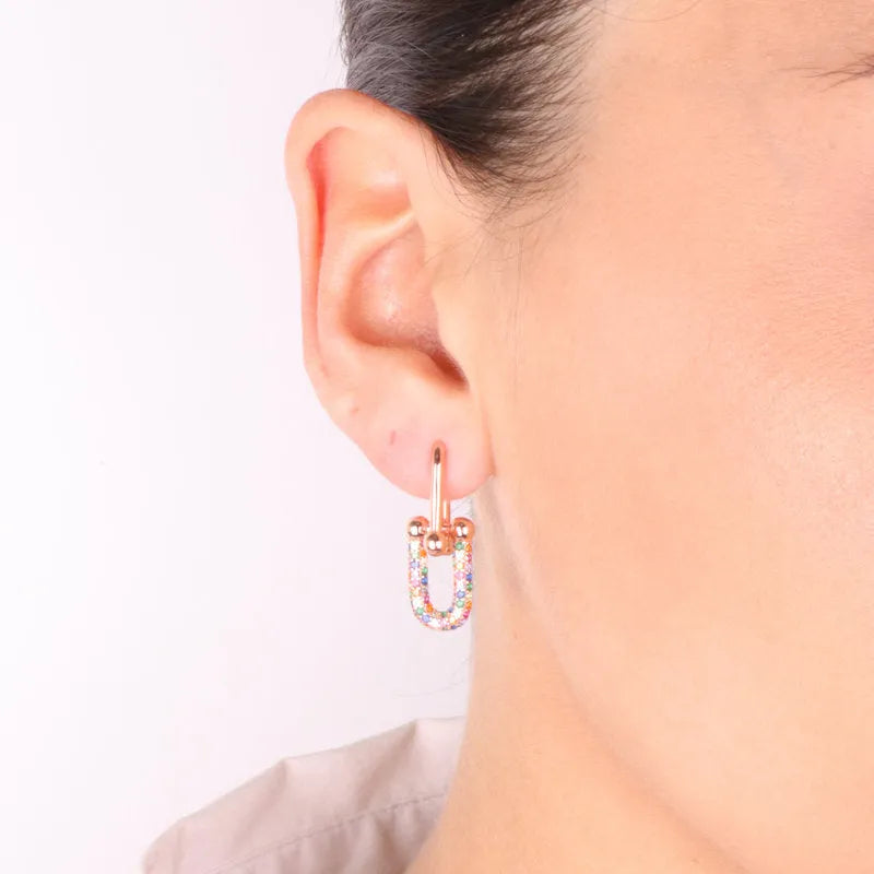 925 Sterling Silver oval earrings embellished with multicolor zircons