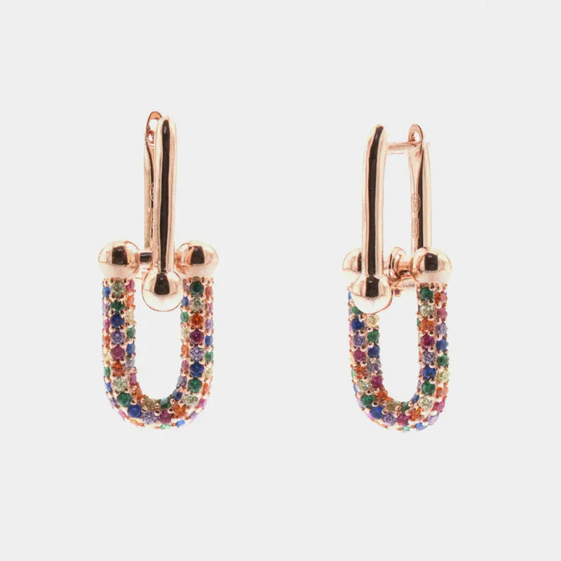 925 Sterling Silver oval earrings embellished with multicolor zircons