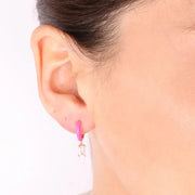 Orecchini in Argento 925 cerchietti smaltati rosa con zircone bianco pendente