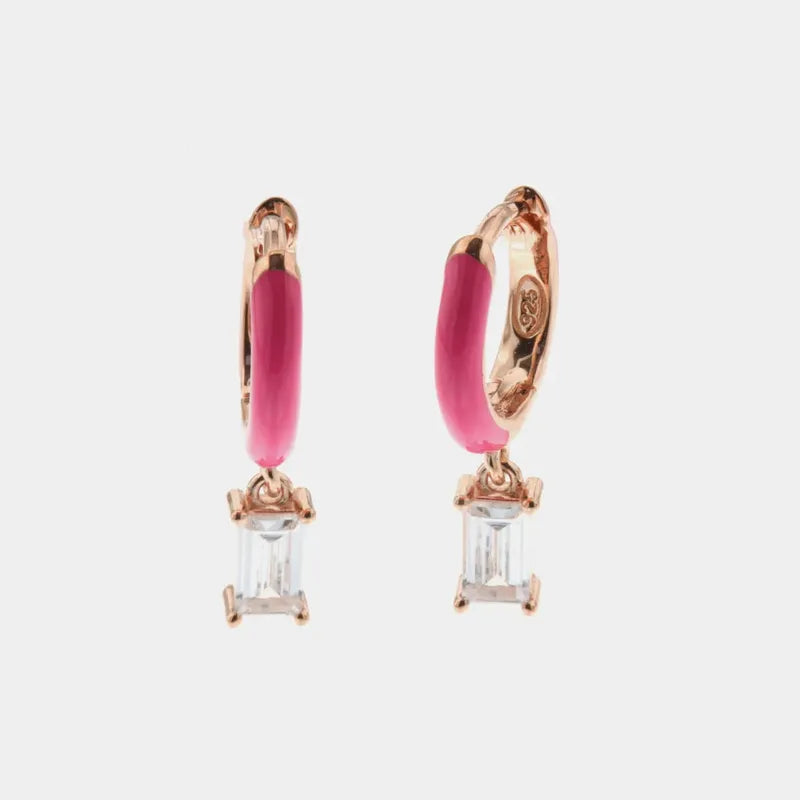 Orecchini in Argento 925 cerchietti smaltati rosa con zircone bianco pendente