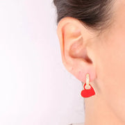 Orecchini in Argento 925 cerchi con zirconi bianchi e pendenti a forma di cuore con smalto rosso