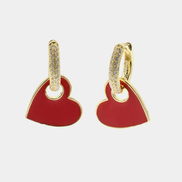 Orecchini in Argento 925 cerchi con zirconi bianchi e pendenti a forma di cuore con smalto rosso