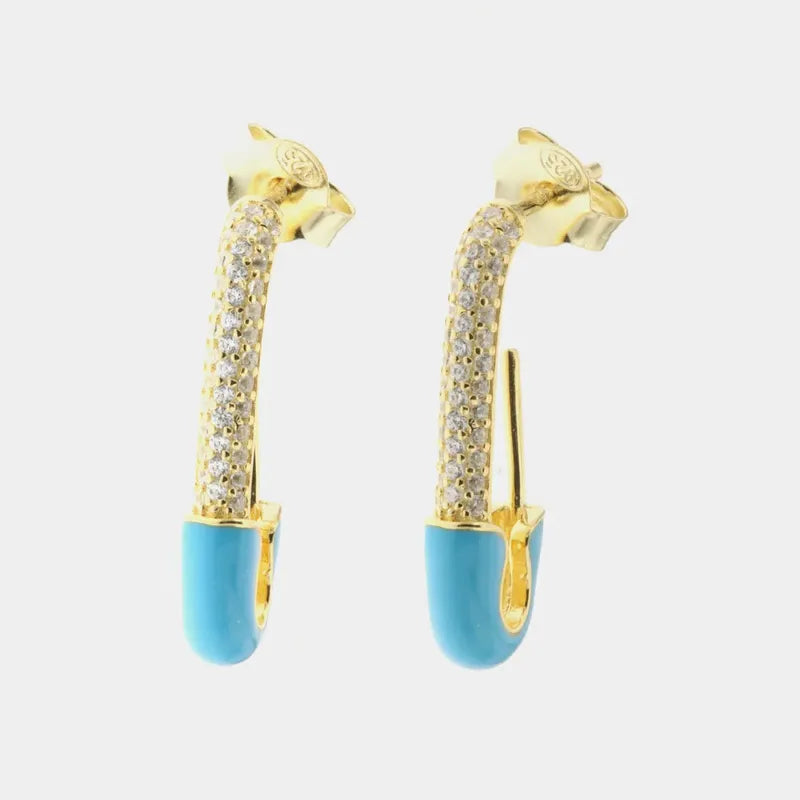 Orecchini in Argento 925 a forma di spilla con zirconi e dettaglio smaltato azzurro