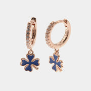 Orecchini in Argento 925 cerchietti con zirconi bianchi con pendenti a forma di quadrifoglio smaltati blu