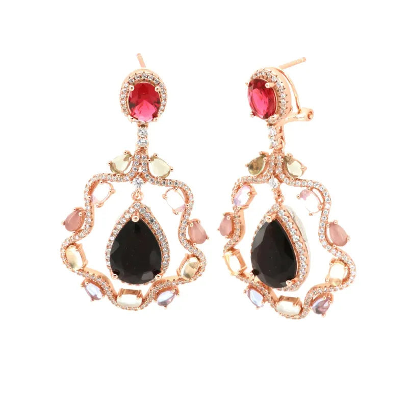 Orecchini in Argento 925 a goccia con zircone centrale effetto porpora e ornato da zirconi multicolor