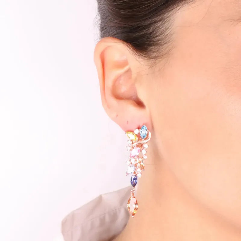 Orecchini in Argento 925 intrecci floreali a cascata impreziositi da zirconi multicolor