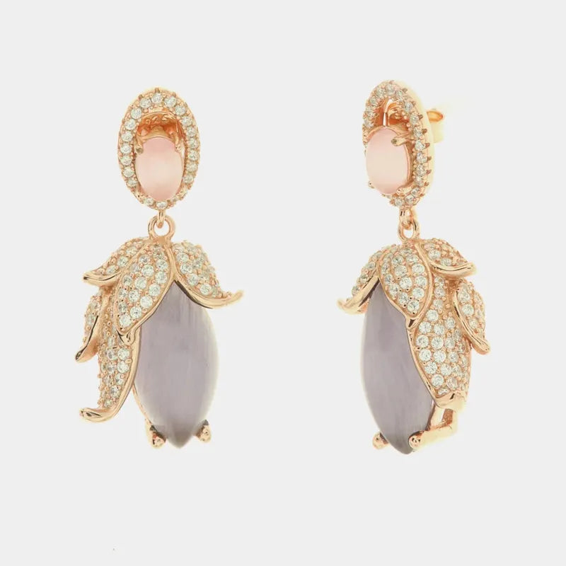 Orecchini in Argento 925 con pendente a forma di fiore impreziosita da pietra effetto occhio di gatto