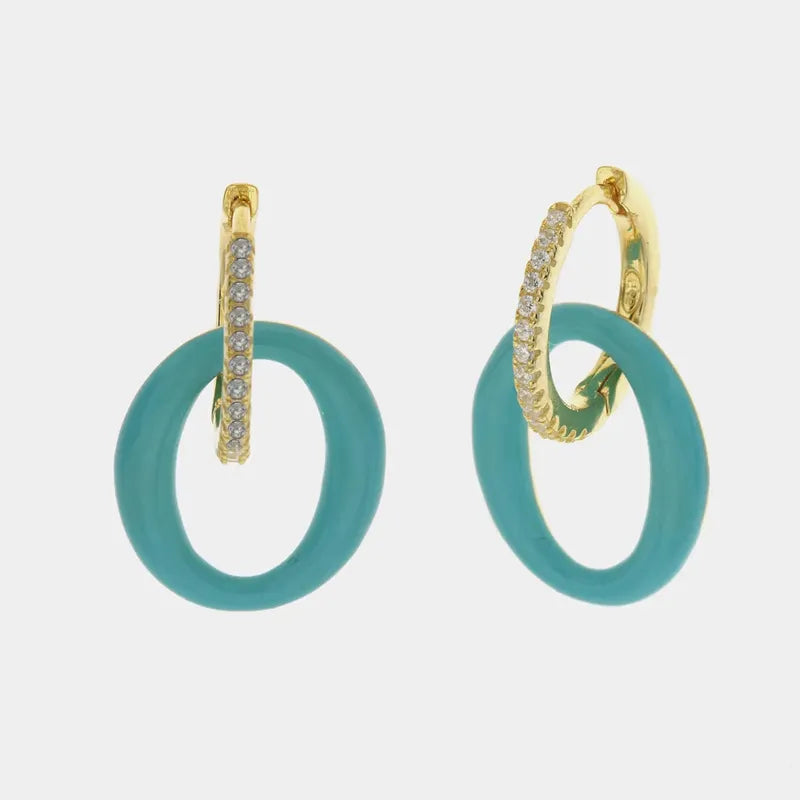 Orecchini in Argento 925 a cerchietto con chiusura a scatto tempestata da zirconi e cerchio in smalto azzurro pendente