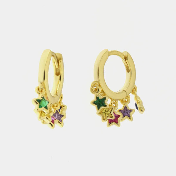 Earrings in 925 Silver with snap closure and hanging stars in multicolor zircons