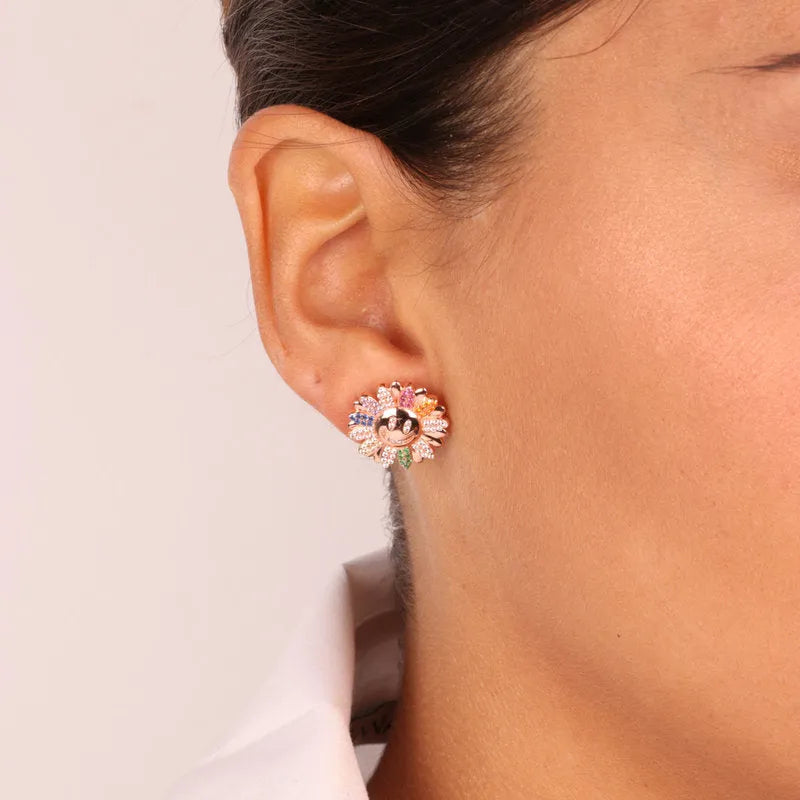 925 Silver flower earrings embellished with multicolor zircons
