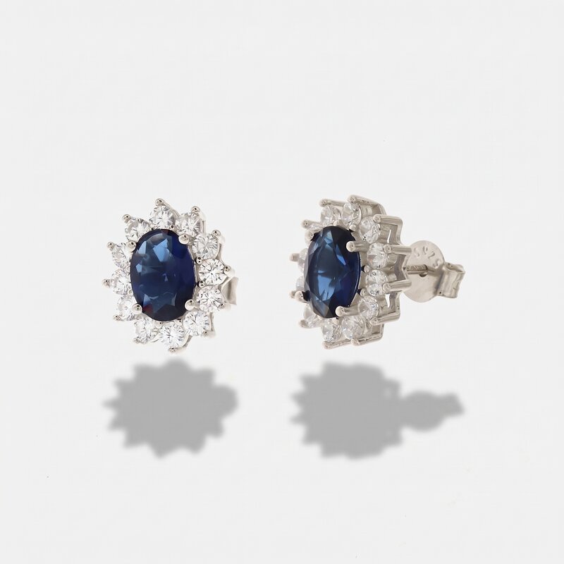 Orecchini in Argento 925 con zirconi bianchi e zircone centrale effetto blu zafiro BYSIMON - gioiello BySimon