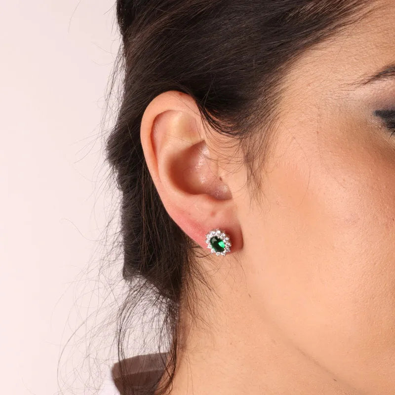 Orecchini in Argento 925 con zirconi bianchi e zircone centrale effetto verde smeraldo - BYSIMON gioielli