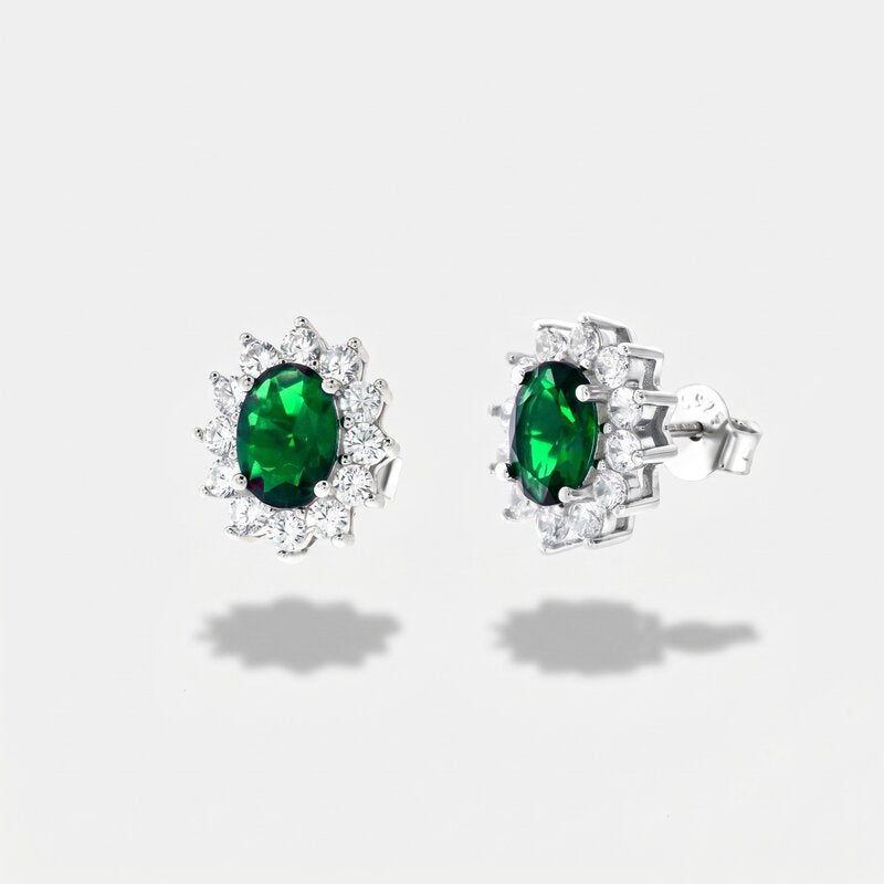 Orecchini in Argento 925 con zirconi bianchi e zircone centrale effetto verde smeraldo - BYSIMON gioielli