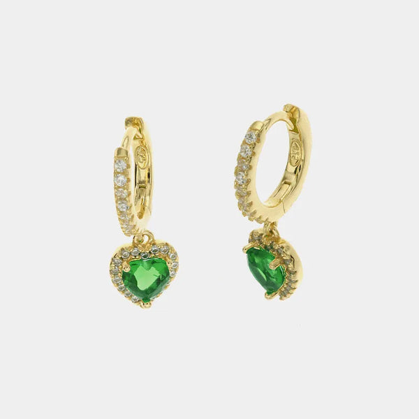 Orecchini in Argento 925 a cerchietto con chiusura a scatto tempestati da zirconi e cuore pendente in zircone verde - BYSIMON gioielli