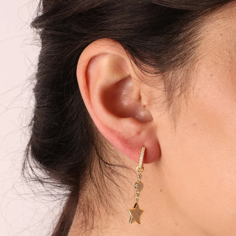 Earrings in 925 Silver with hanging heart and star studded with white zircons