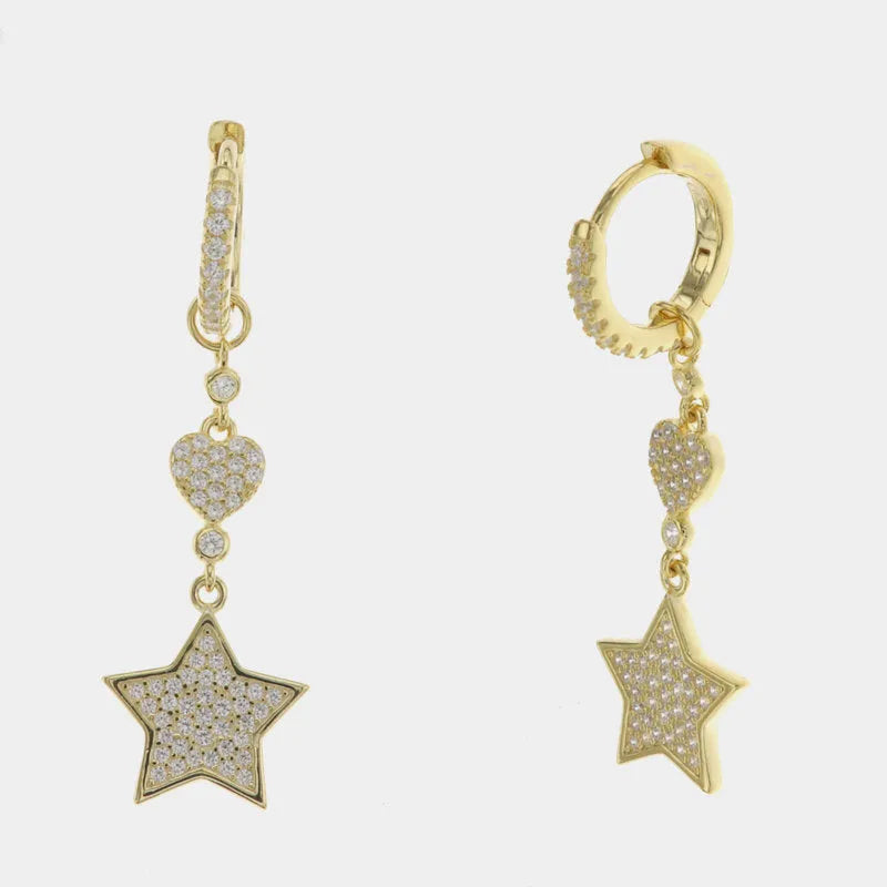 Earrings in 925 Silver with hanging heart and star studded with white zircons