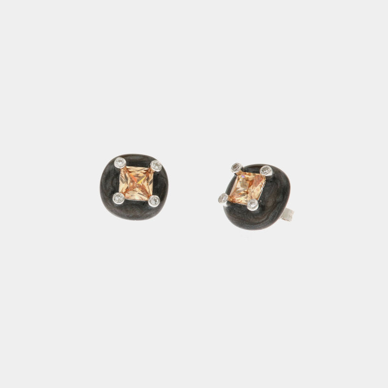 Orecchini in Argento 925 con smaltatura nera e zircone color champagne SIMEONE - gioiello BySimon