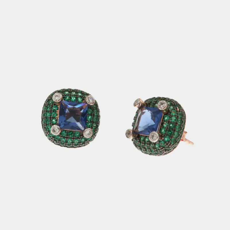 Orecchini in Argento 925 tempestati da zirconi verdi e dettaglio centrale in zircone blu zafiro