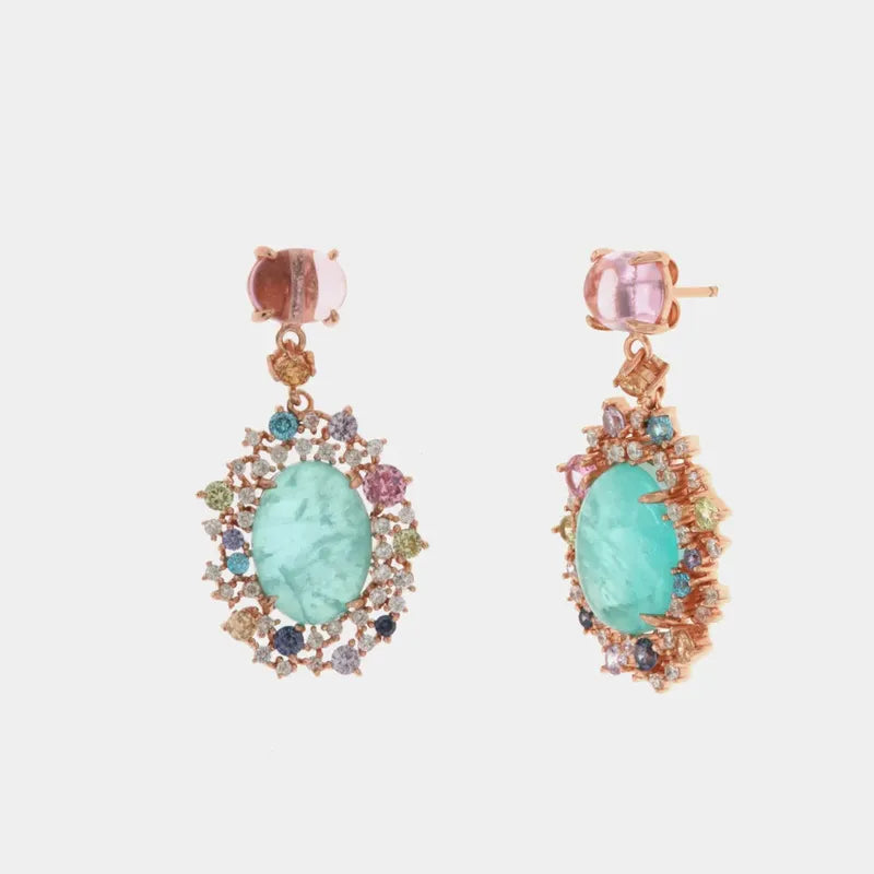 Orecchini in Argento 925 con zircone centrale color acqua marina effetto ghiaccio impreziosito da zirconi multicolor