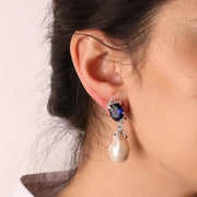 Orecchini in Argento 925 con zircone color topazio impreziosito da zirconi bianchi e perle pendenti