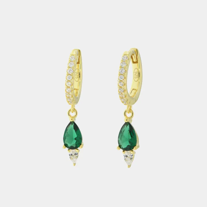Orecchini in Argento 925 a cerchietto impreziosito da zirconi bianchi e zircone verde smeraldo pendente