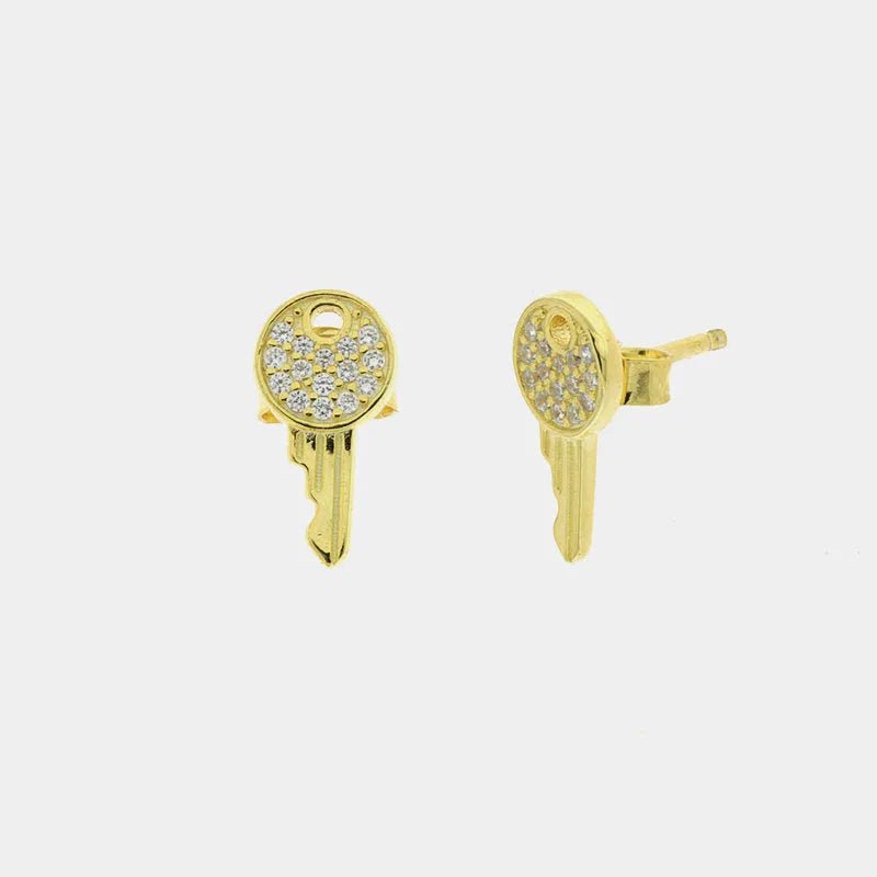 925 Silver lobe earrings with key embellished with white zircons