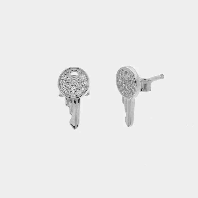 925 Silver lobe earrings with key embellished with white zircons