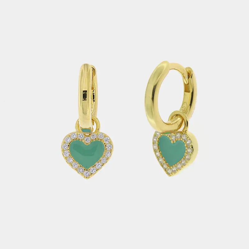 Orecchini in Argento 925 con cuore verde acqua pendente e cristalli bianchi