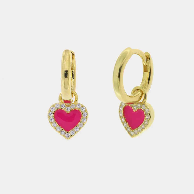 Orecchini in Argento 925 con cuore rosa pendente e cristalli bianchi