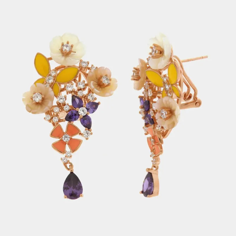 Orecchini in Argento 925 con fiori in madreperla con zirconi colorati