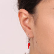 Orecchini in Argento 925 a cerchietto con corno in smalto rosso pendente