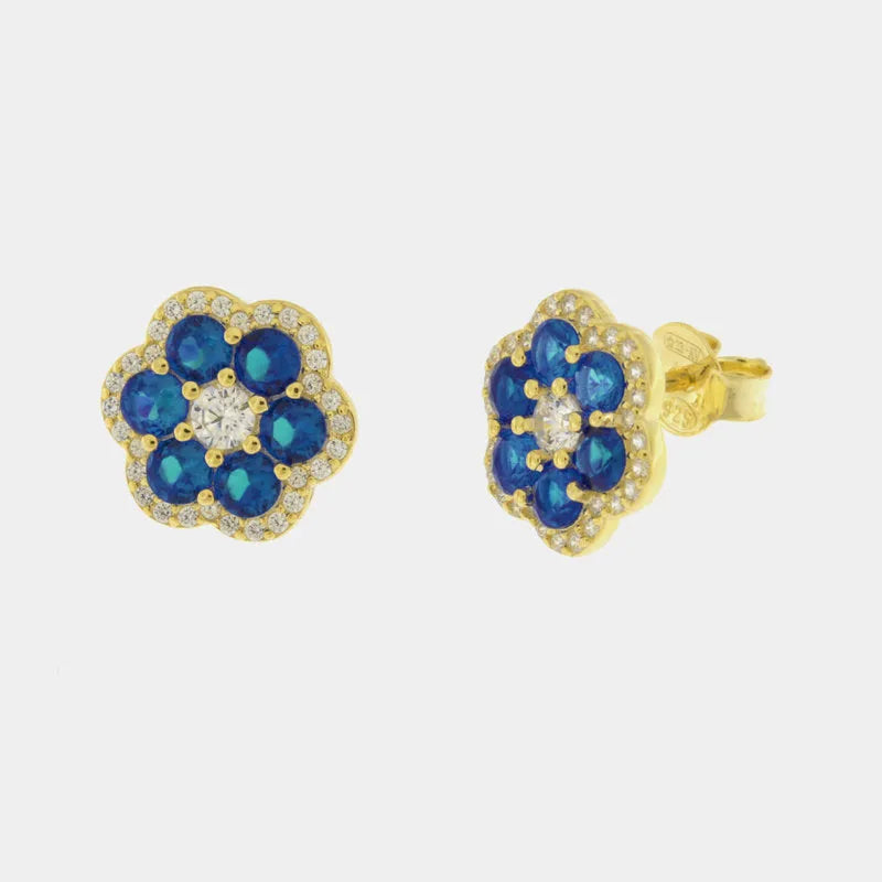 Orecchini in Argento 925 con zirconi blu a forma di fiore - BYSIMON gioielli