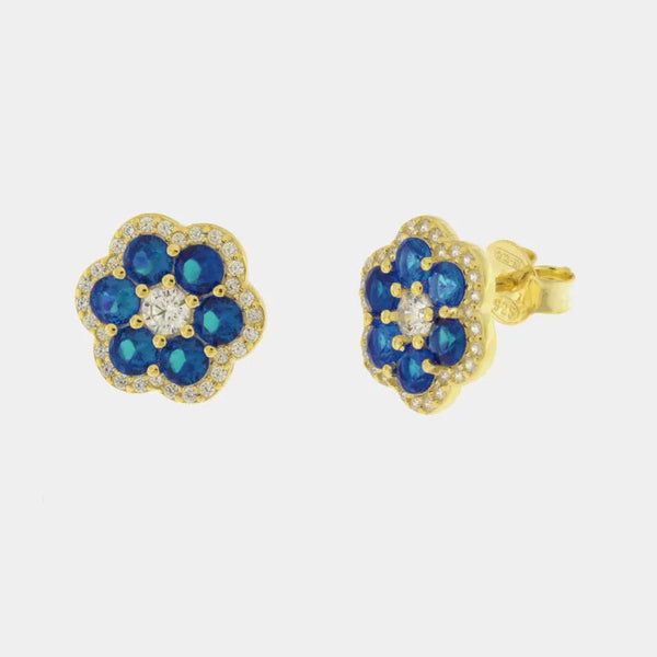 Orecchini in Argento 925 con zirconi blu a forma di fiore - BYSIMON gioielli