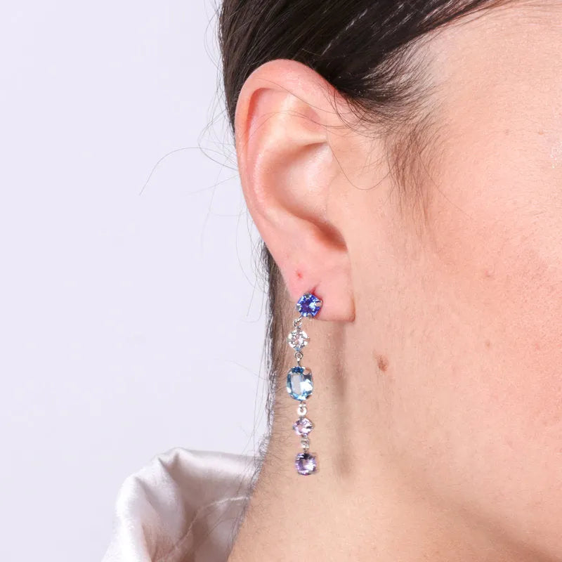 Earrings in 925 Silver with hanging blue and lilac crystals