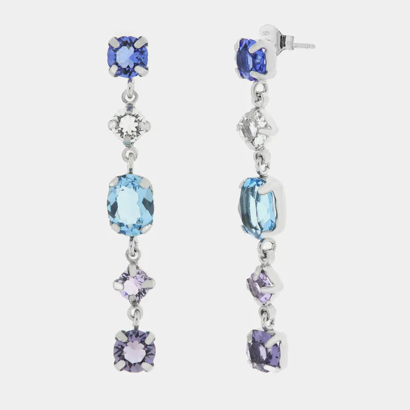 Earrings in 925 Silver with hanging blue and lilac crystals