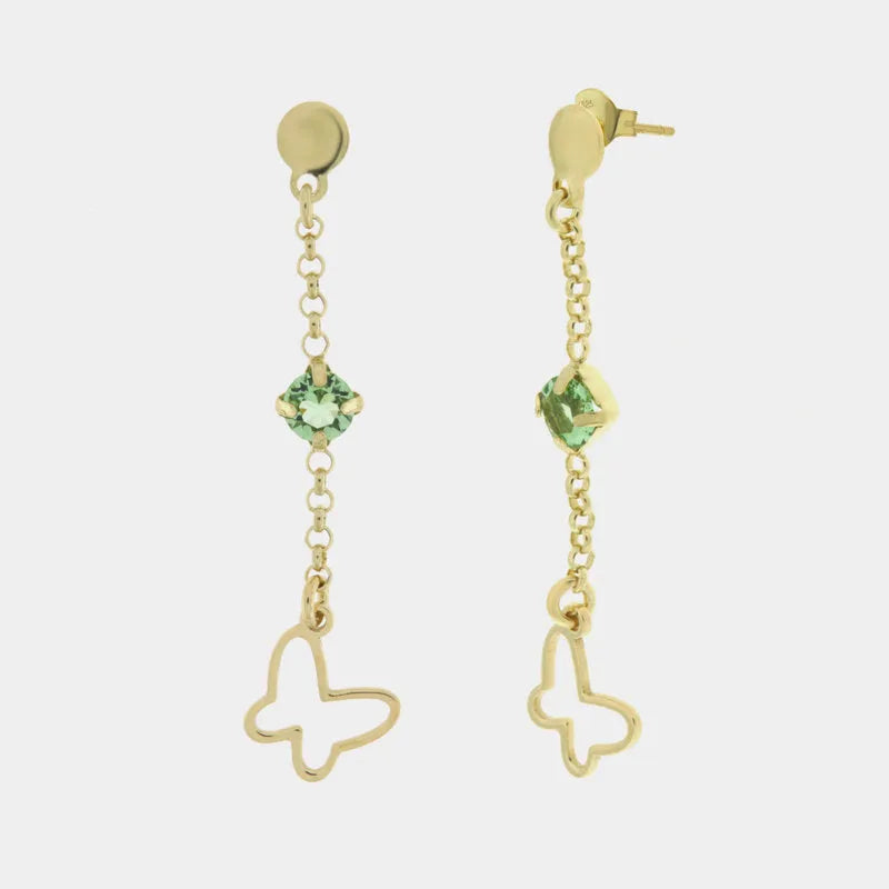 Orecchini in Argento 925 con farfalla pendente e punto luce verde