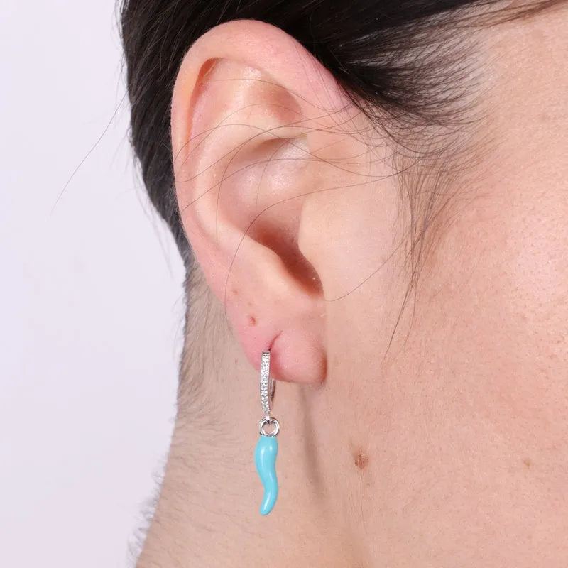 Orecchini in Argento 925 con cornetto portafortuna turchese e zirconi